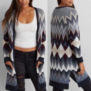 AMERICAN EAGLE Long Chevron Cardigan Gray Cream Navy Open Knit Boho Sweater 2016